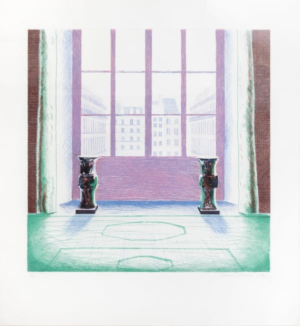 David Hockney Two Vases in the Louvre, 1974 Etching and aquatint printed in colours. Signed in pencil and numbered from the edition of 75. Printed on Inveresk mould-made paper by Maurice Payne, Kent Jones and Dany Levy, London. Published by Petersburg Press, London. 99.5 x 92 cm (39 1/8 x 36 1/4 in) (Tokyo 154; Scottish Arts Council 168).