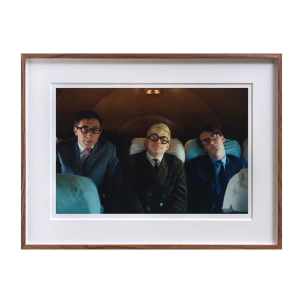 Kasmin, David Hockney, Kasmin, and Sheridan Dufferin on a flight from Minneapolis to Chicago, 1965