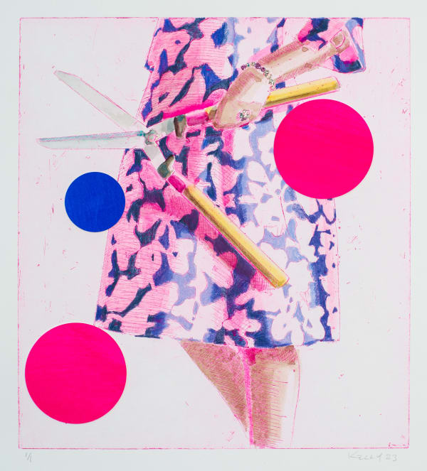 Kelly Reemtsen Shear Bliss 6, 2023 Unique etching, gouache, colour pencil, collage and lacquer on paper. Image size: 28 x 25.5cm (11 x 10 in) Paper size: 40.5 x 35.5cm (16 x 14 in)