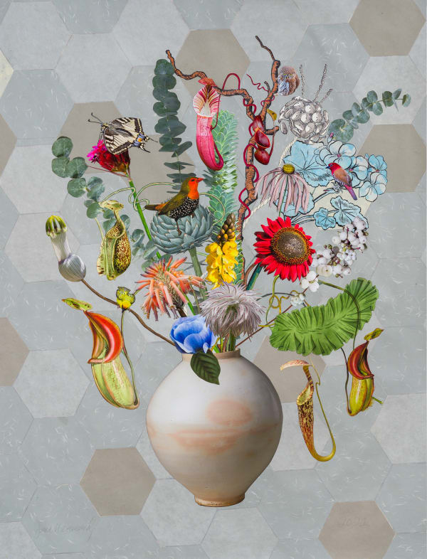 Jane Hammond Korean Moon Jar with Twinspots, Red Sunflower and Pygmy Owl, 2021 Unique botanical collage using linocut, relief printing, digital printing, colored pencil, Sumi ink, watercolor and gouache, hand cut and assembled on collaged Japanese papers over painted cotton rag. Signed in pencil. 127 x 96.52 cm (50 x 38 in)