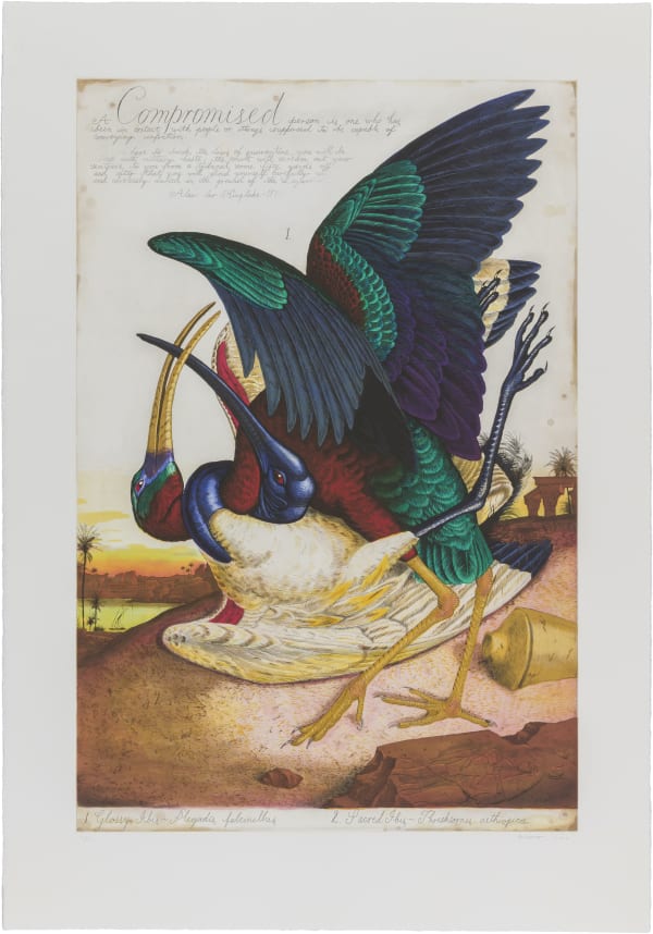 Walton Ford Compromised, 2002 Etching and aquatint with drypoint and roulette. Signed, dated and numbered in an edition of 50. Printed on white Somerset Satin paper by Peter Pettengill at Wingate Studio, Hinsdale, New Hampshire. Published by Blue Heron Press Inc., New York. Plate: 91.4 x 61 cm (36 x 24 in) Sheet: 111.8 x 78.7 cm (44 x 31 in)