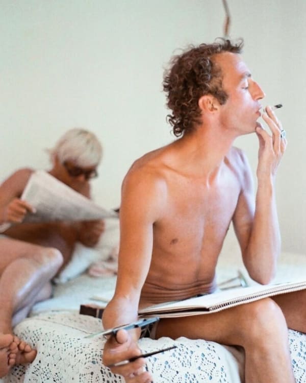 Kasmin Patrick Procktor painting with David Hockney behind him, Le Nid du Duc, near St. Tropez, France, 1969 C-type colour print. Signed and numbered verso Standard, image: 27.9 x 18.6 cm (11 x 7 3/8 in), from an edition of 25