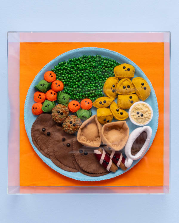 Lucy Sparrow Roast Dinner, 2025 Plate of food containing felt pieces curated by the artist and framed in a perspex box. From a limited edition of 20 and featuring exclusive items. 46 x 46 x 5 cm (18 1/8 x 18 1/8 x 2 in)