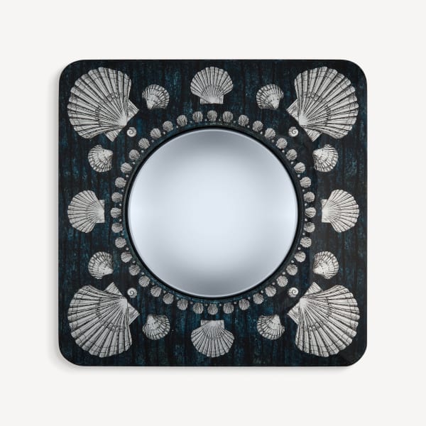 Fornasetti Square frame with flat mirror Giro di conchiglie, 2024 Screen print transfer on metal with silver leaf and painting by hand. 50 x 50 x 4 cm (19 3/4 x 19 3/4 x 1 5/8 in)