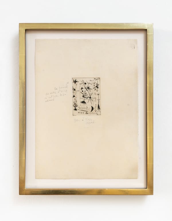 Joan Miró Bijou et cadre, 1938 Etching. Signed in pencil and inscribed 'Bon à tirer'. The Bon à tirer impression before the edition of 3. Printed on Arches vellum paper at Marcoussis' studio, Paris. Published by Pierre Loeb, Paris, and Pierre Matisse, New York. Plate: 12 x 9 cm (4 3/4 x 3 1/2 in) Sheet: 44 x 32 cm (17 3/8 x 12 5/8 in) (Dupin 24)