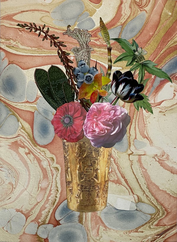 JANE HAMMOND Pre-Columbian Gold Cup with Double Poppy, Pitcher Plant and Blueberries, 2021 Unique botanical collage with digital printing, coloured pencil, watercolour and gouache, hand cut and assembled on French marble paper collaged over Coventry Rag. Signed on verso. 52 x 38 cm (20 1/2 x 15 in)