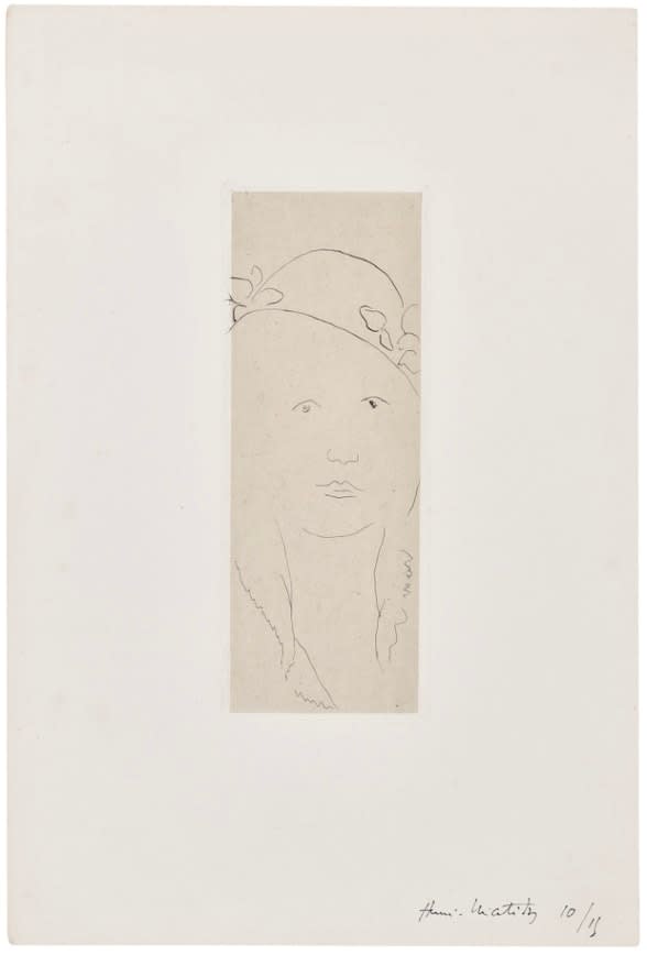 Henri Matisse Loulou au Chapeau Fleuri, 1914-15 Etching on Chine appliqué and wove paper supports. Signed and numbered in black ink from the edition of 15. Plate size: 16 x 6.1 cm (6 5/16 x 2 3/8 in) Sheet size: 28 x 18.8 cm (11 x 7 3/8 in) (Duthuit 49)