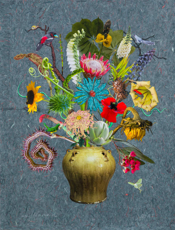 Jane Hammond Vietnamese Vase with Fritillaria Persica, Emerald Cuckoo and Wild Cucumber, 2021 Unique botanical collage using linocut, relief printing, digital printing, colored pencil, Sumi ink, watercolor and gouache, hand cut and assembled on collaged Japanese papers over cotton rag. Signed in pencil. 127 x 96.5 cm (50 x 38 in)