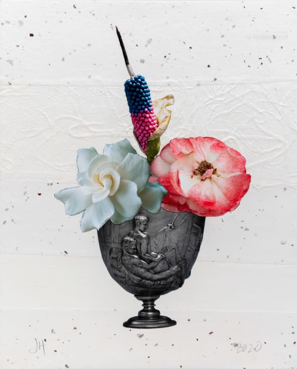 JANE HAMMOND Warren Cup with Amorphophallus Seed Head and Elizabeth Taylor Gardenia, 2020 Unique botanical collage with digital printing, watercolour and gouache, hand cut and assembled on Japanese papers collaged over Coventry Rag. Signed verso. 37.4 x 27.9 cm (14 3/4 x 11 in)