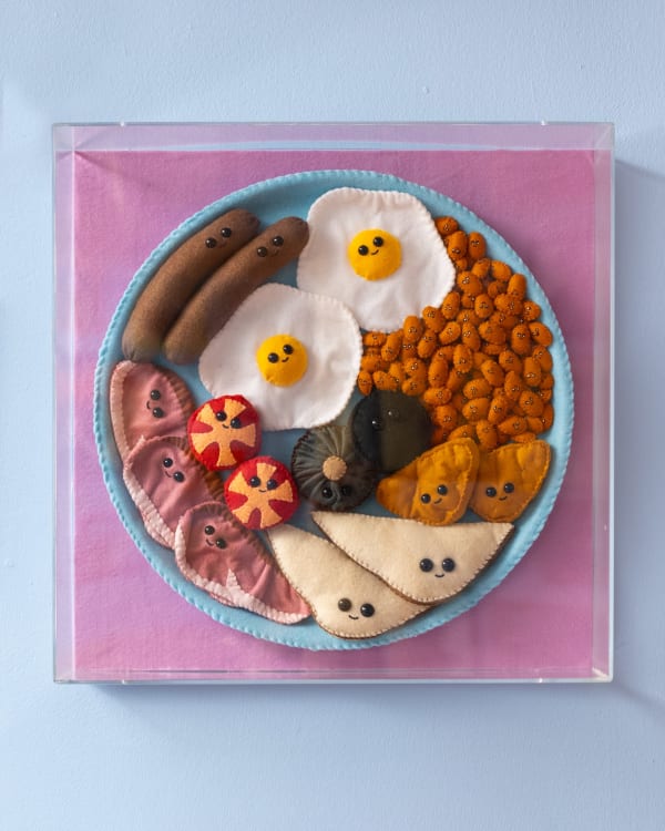 Lucy Sparrow English Breakfast, 2025 Plate of food containing felt pieces curated by the artist and framed in a perspex box. From a limited edition of 20 and featuring exclusive items. 46 x 46 x 5 cm (18 1/8 x 18 1/8 x 2 in)