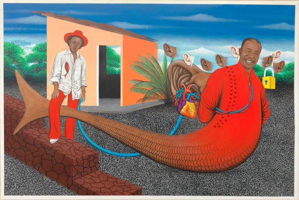 Chéri Samba Le secret d'un petit poisson devenu grand Acrylique et paillettes sur toile 135 x 200 cm 53 1/10 × 78 7/10 in