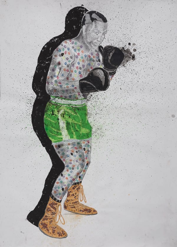 Kura Shomali Joe Frazier Gouache, peinture acrylique, stylos, encre, Poska sur papier Canson 150 x 109,5 cm 59 x 43,1 inches