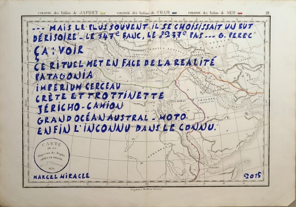 Marcel Miracle Le rituel du 8237ème pas, d'après chapitre 52 de "La vie mode d'emploi" de G.Perec. Stylo bille et collages sur papier imprimé. 34 x 48,5 cm 13,3 x 19 in
