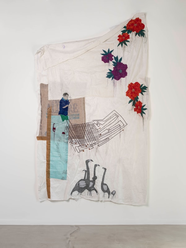 Ana Silva Portrait de famille 3 Tyvek, sac en plastique tissé, ruban adhésif, broderie, pigments naturels,acrylique 248 x 142 cm 97 5/8 x 55 7/8 inches