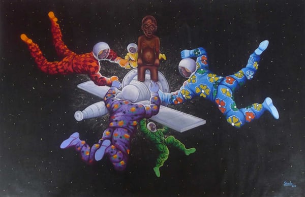 Monsengo Shula ATA NDELE, MOKILI EKOBALUKA (Tôt ou tard, le monde changera) Acrylique et paillettes sur toile 130 x 200 cm 51,1 x 78,7 inches