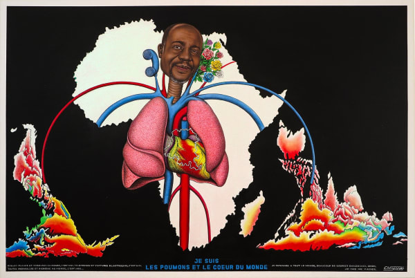 Chéri Samba Je suis les poumons et le coeur du monde Acrylique et paillettes sur toile 135 x 200 cm 53 x 79 in