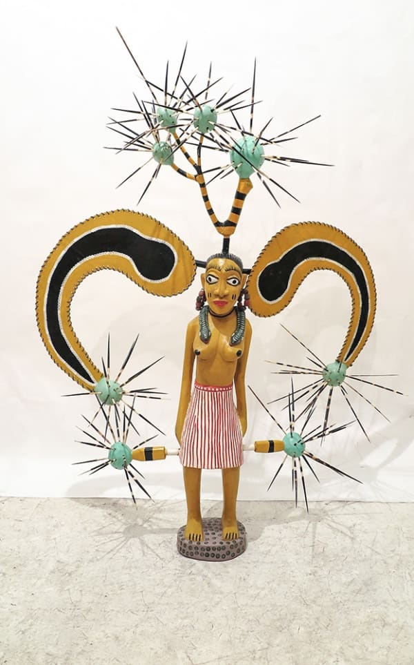 John Goba The serpent Sampa Bois peint et épines de porc-épic 149 x 101 cm 58.7 x 39.8 Inches