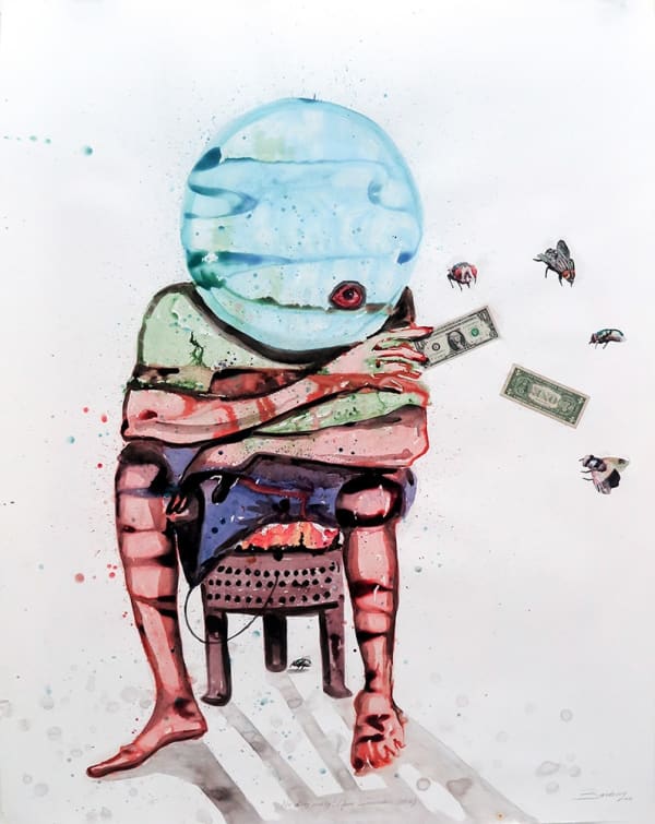 Steve Bandoma No dirty money ! Acrylique, encre et collage sur papier 152 x 120 cm 60 x 47 in