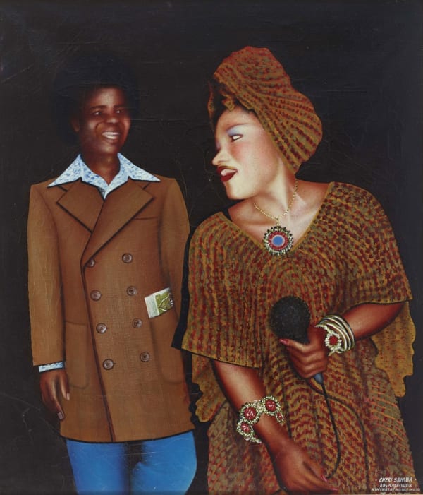Chéri Samba Le Couple d'artistes Huile sur sac de farine 85 x 73 cm 33.5 x 28.7 in