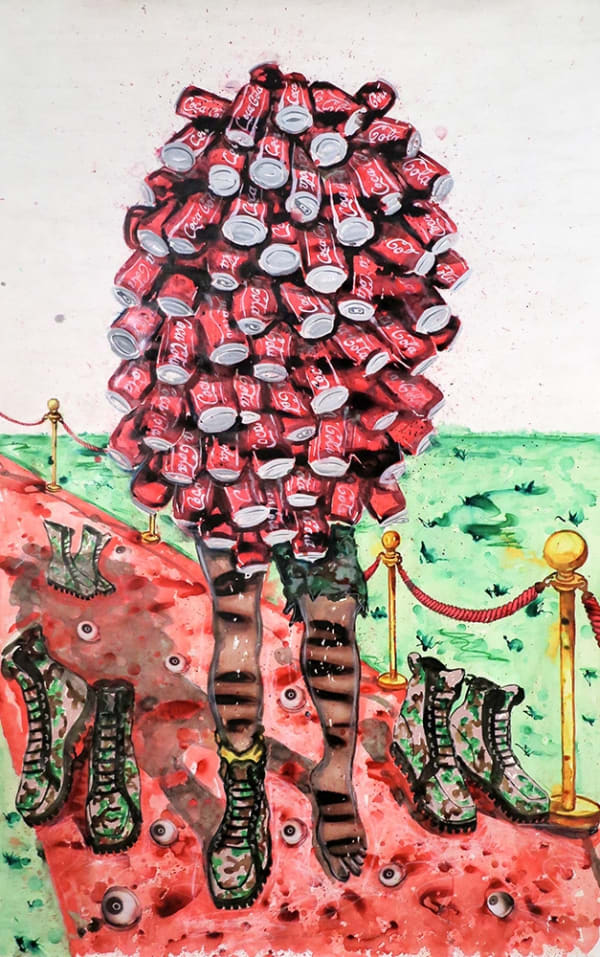 Steve Bandoma Stranger on Red Carpet Acrylique, encre et collage sur papier 190 x 120 cm 74 x 47 inches
