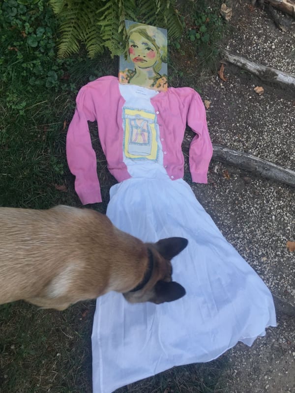 Agnès Troublé Dite Agnès B. 94. Cardigan, 1997, Jupe, 1990, T-shirt sérigraphié, artiste Frédéric Bruly Bouabré, 2006 TIrage jet d'encre contrecollé sur aluminium 21 x 15 cm 8 1/4 x 5 15/16 in.