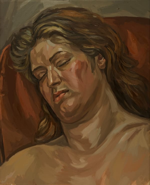 Mal Fostock, Diana Dreaming, 2006. Oil on canvas portrait of a reclining woman with long brown hair, eyes closed, painted in warm earthy tones.