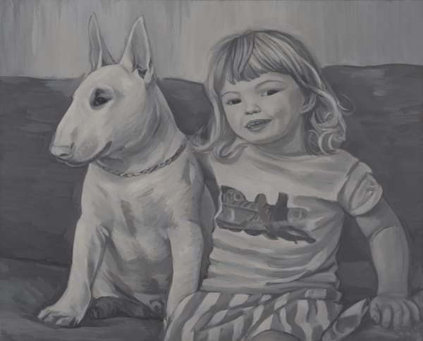 Ali, Major and Thomas (2005) by Mal Fostock, oil on canvas, 61.5 × 76 cm. Monochrome portrait of a child in a striped skirt sitting beside a white bull terrier.
