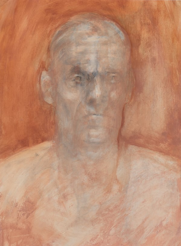 Gideon (1991) by Mal Fostock, charcoal and oil on primed paper, 53.5 × 39.5 cm. Expressive portrait with abstracted facial features in warm tones.