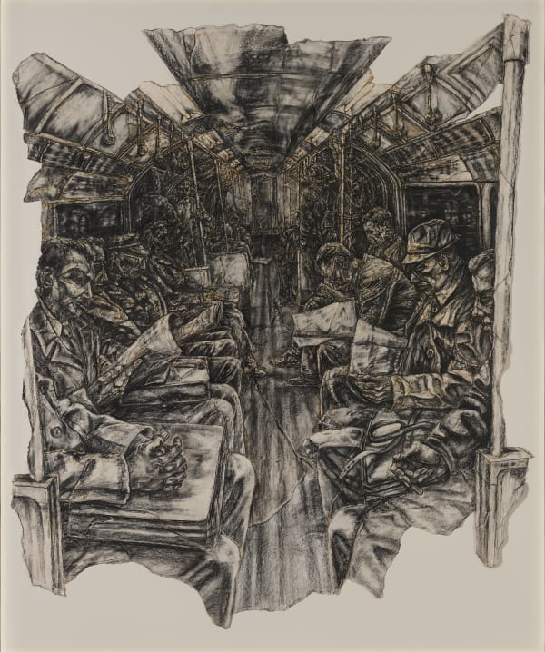 Train (1988) by Mal Fostock, charcoal on paper. Early drawing depicting a train with expressive mark-making and strong tonal contrasts.
