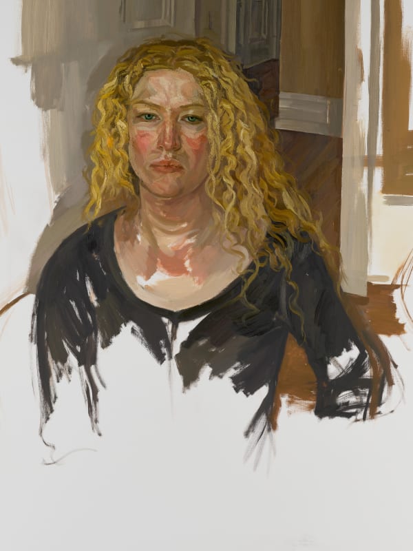 Helen, Unfinished (Detail) (2014) by Mal Fostock, oil on canvas, 137 × 112 cm. Unfinished portrait of a woman with curly blonde hair and green eyes, painted with bold brushstrokes.