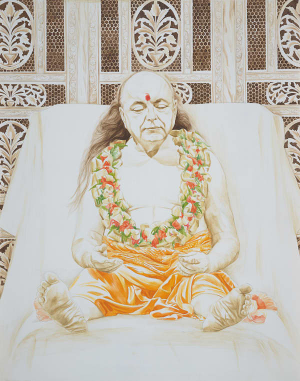 Adi Da in Naitauba (2005) by Mal Fostock, oil on gesso board, 44.5 × 35 cm. Portrait of Adi Da Samraj seated cross-legged with garland and orange robe against a patterned backdrop.