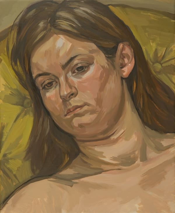 Mal Fostock, Elli, 2006. Oil on canvas portrait of a reclining woman with brown hair, shown against a textured green-yellow cushion, painted in naturalistic tones.