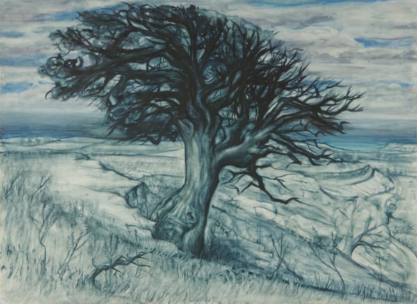 Blue Tree (1991) by Mal Fostock, oil on paper, 82.55 × 112 cm. Expressionist landscape featuring a windswept tree on a hillside under a cloudy sky.