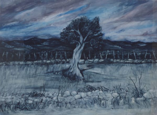 Olive Tree (1991) by Mal Fostock, oil on paper, 82.55 × 112 cm. Expressive landscape showing a lone olive tree in front of mountains under a dramatic sky.