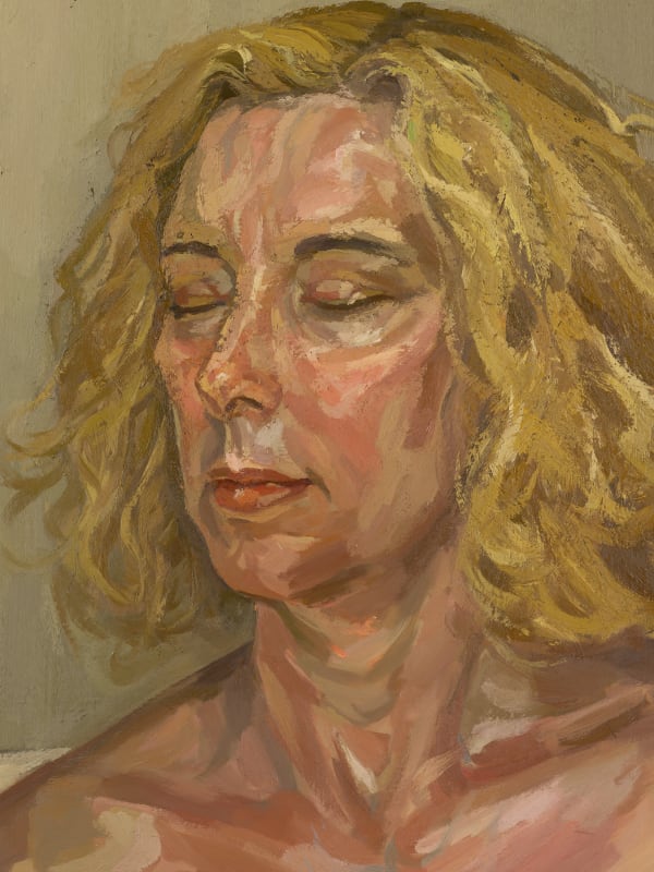 Mal Fostock, Stephanie E, 2014. Oil on canvas portrait painting of a woman with blonde hair and closed eyes, rendered in textured brushstrokes.