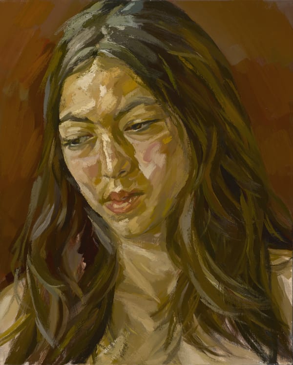 Mal Fostock, Stef, 2014. Oil on canvas portrait painting of a woman with long brown hair, gazing downward, rendered in textured brushstrokes.