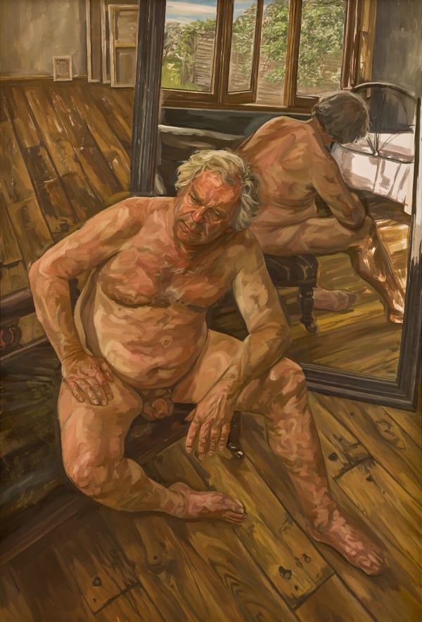 Mal Fostock, Study of a Man (Unfinished), 2012. Large oil on canvas painting of a seated nude male figure with grey hair, shown in a wooden-floored studio with a mirror reflecting his back.