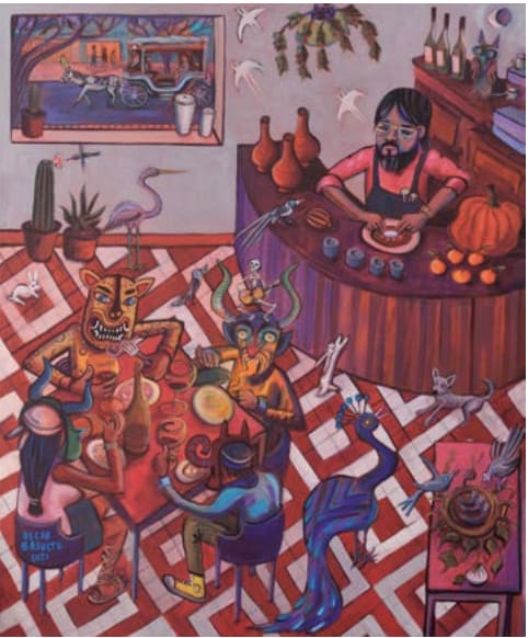 Oscar Basulto, "Otoño y las calandras al ritmo de la calavera. Calabaza, mandarina, 4 especies, cacao y avena. chef y comensales. Vino tinto profundo. Tócuaro, narigudo, cachudo y tecuán", 2021