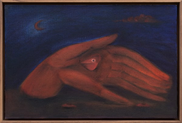 Kinga Bartis Dimmed paths through fragile hearts, 2024 Oil on canvas on board 27 x 41 cm (10 5/8 x 16 1/8 in) Framed: 28.8 x 42.8 x 3.5 cm (11 3/8 x 16 7/8 in)