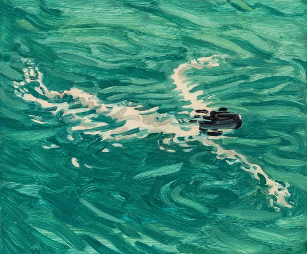 Claudia Keep July 1st, 12:55 PM, Swimmer, 2024 Oil on masonite panel 25.4 x 30.5 cm (10 x 12 in) 27.4 x 32.5 cm (10.8 x 12.8 in) framed