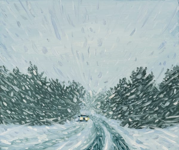 Claudia Keep February 16th, 7:59 AM, Driving North in a Snowstorm, 2024 Oil on masonite panel 25.4 x 30.5 cm (10 x 12 in) 27.4 x 32.5 cm (10.8 x 12.8 in) framed