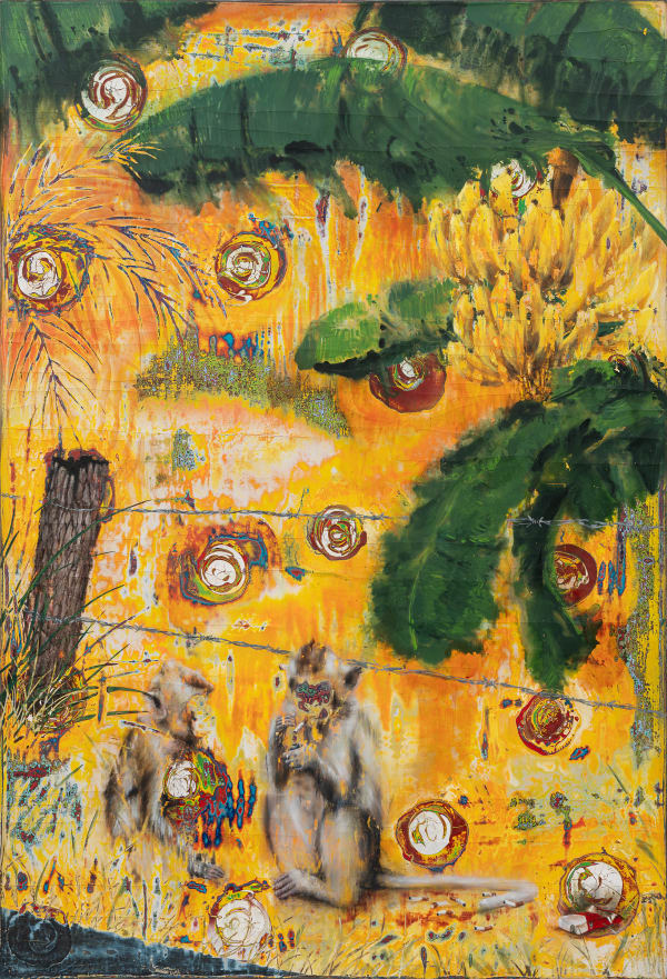 Dennis Miranda Zamorano A negotiation is a meeting (stealing bananas), 2023 Mixed media on canvas 190 x 130 cm (74 3/4 x 51 1/8 in)