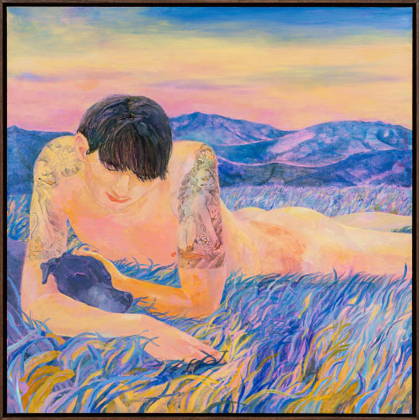 A dog and a man with lion and peony tattoos