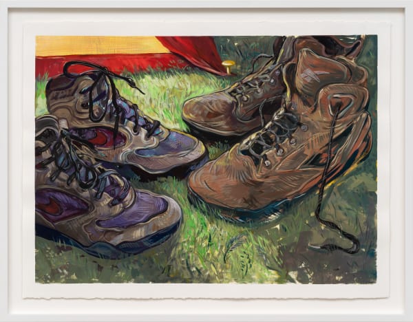 Rebecca Ness Drying outside the tent , 2021 Gouache and colored pencil on paper 57.1 x 76.2 cm 22 1/2 x 30 in