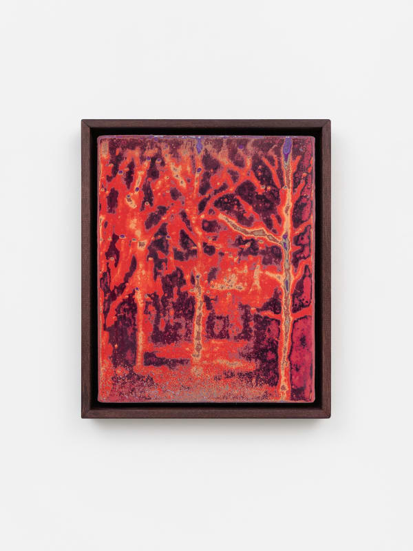 Dennis Miranda Zamorano l incendio el bosque buscando monedas, 2024 Mixed media on canvas 36 x 29 cm (14 ⅛ x 11 ⅜ in) 40 × 33.5 cm (15 ¾× 13 ¼ in) framed