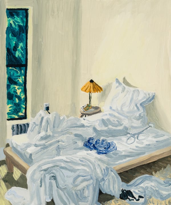 Claudia Keep May 16th, 12:15 PM, Unmade Bed, 2024 Oil on masonite panel 30.5 x 25.4 cm (12 x 10 in) 32.5 x 27.4 cm (12.8 x 10.8 in) framed