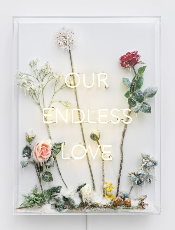 Laurent Pernot Our Endless Love, 2021 Neon, flowers, pmma, resin, artificial snow and frost 80 x 60 x 10 cm (31 1/2 x 23 5/8 x 4 in) Unique