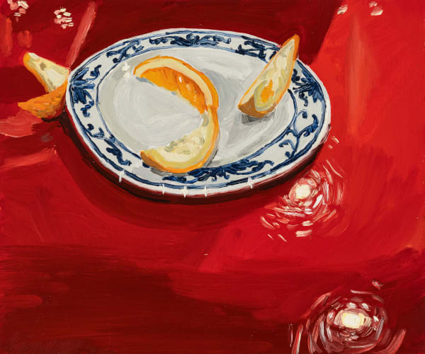 Claudia Keep October 22nd, 10:18 PM, Orange Slices After Dinner, 2024 Oil on masonite panel 25.4 x 30.5 cm (10 x 12 in) 27.4 x 32.5 cm (10.8 x 12.8 in) framed