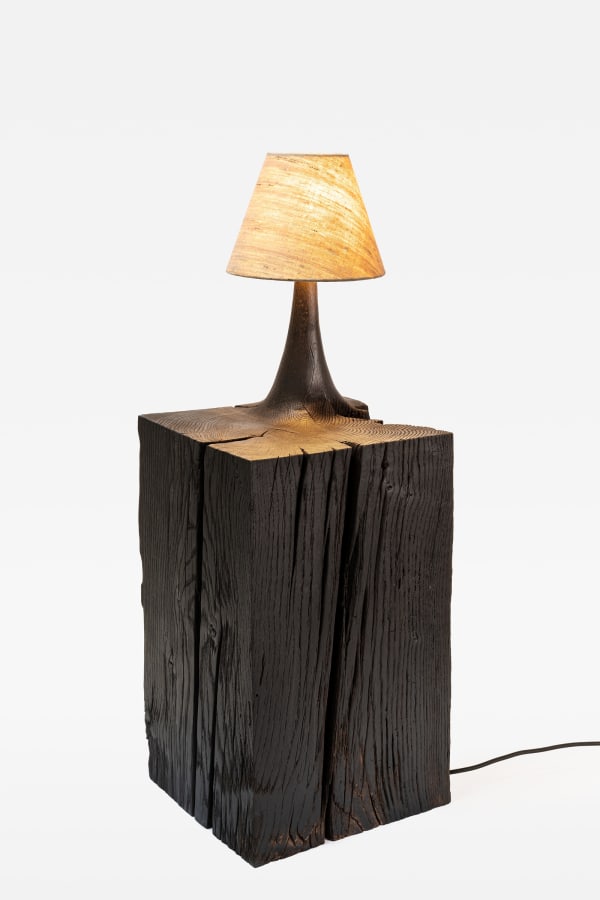Patrick Kim-Gustafson À son chevet, 2024 French oak, burnt, brushed, ebonised and burnished 69 x 29 x 24 cm (27 1/8 x 11 3/8 x 9 1/2 in) With shadow: 84 x 29 x 24 cm (33 1/8 x 11 3/8 x 9 1/2 in) Light bulb: e14