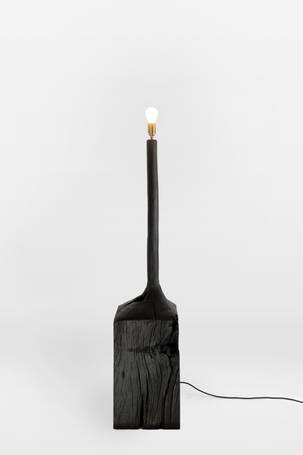 Patrick Kim-Gustafson Tallish lamp, 2024 French oak, burnt, brushed, ebonised and burnished 130 x 29 x 29.5 cm (51 1/8 x 11 3/8 x 11 5/8 in) With shadow: 166 x 29 x 29.5 cm (65 3/8 x 11 3/8 x 11 5/8 in) Light bulb: e27